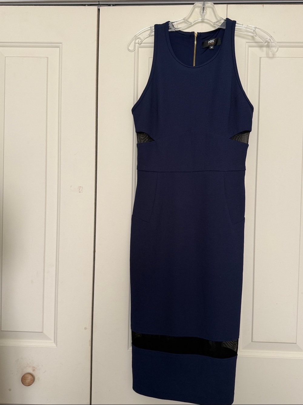 ABS  Navy Sleeveless Midi Dress with Mesh Insets